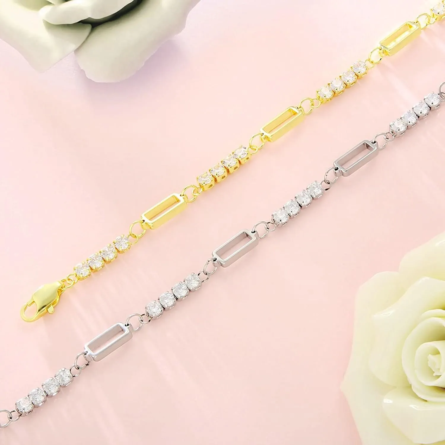 Ankle Bracelets Silver,Anklet Bracelets Chain with Cubic Zirconia Anklets 10.47 inch Stainless Steel Anklet Chain