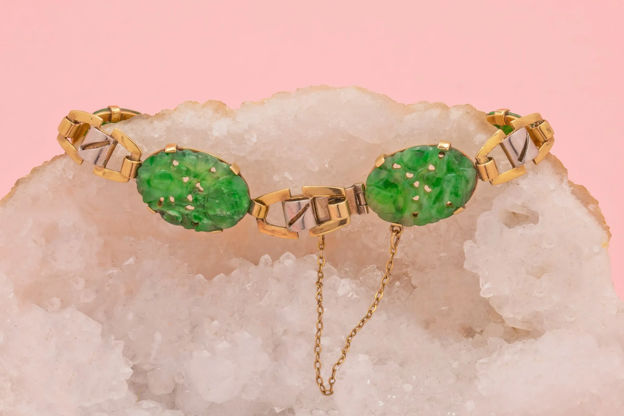Art Deco 9ct Gold Carved Jade Bracelet