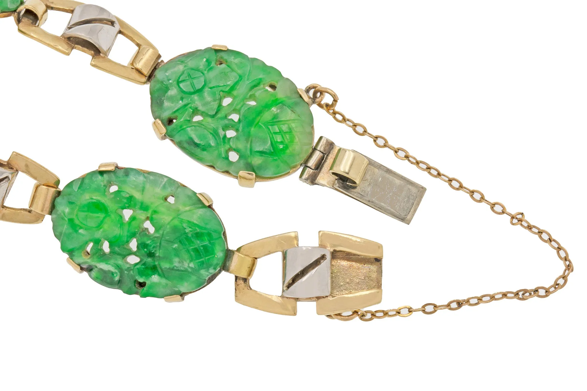 Art Deco 9ct Gold Carved Jade Bracelet