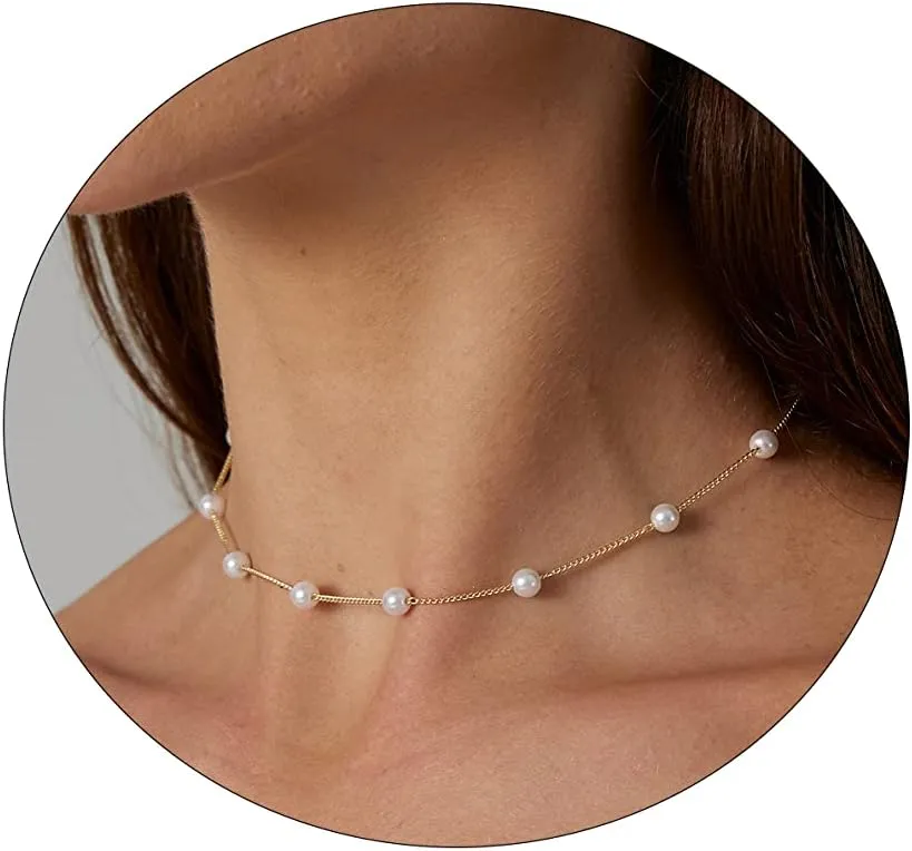 ASCOMY Dainty Pearl Necklaces for Women 14K Gold Plated Chunky Half Pearl Half Chain Toggle Necklace Minimalist Pearl Cuban Paper Clip Toggle Clasp Chain Everyday Jewelry