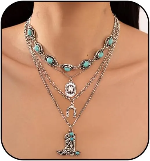 Atiptu Layered Western Necklaces for Women Vintage Turquoise Beaded Leather Choker Necklace Country Concert Cowgirl Dresses Accessories Western Jewelry