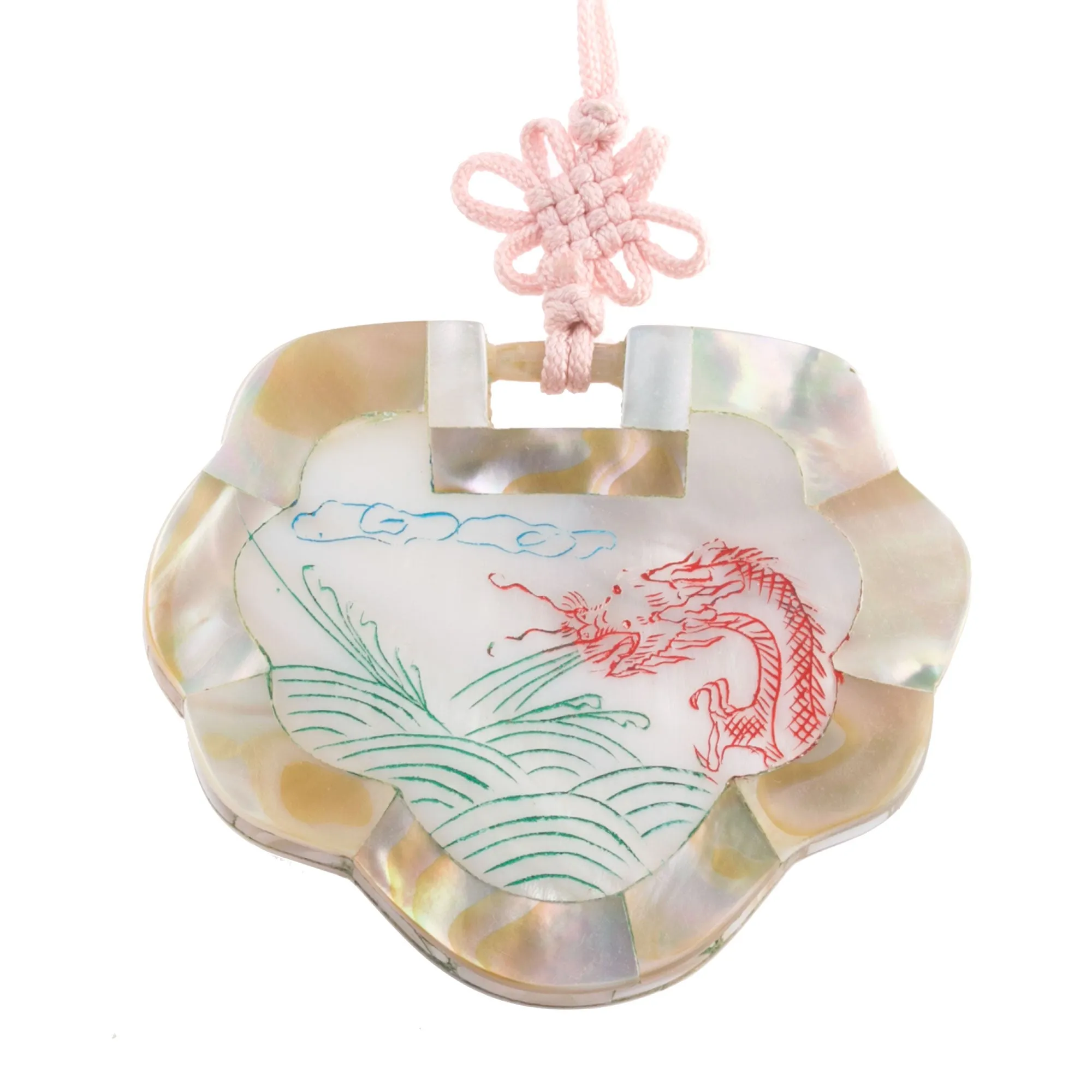 B10-0102 Vintage Inlaid Mother of Pearl Lock pendant, etched and painted, 40x52mm. 1970's Chinese export