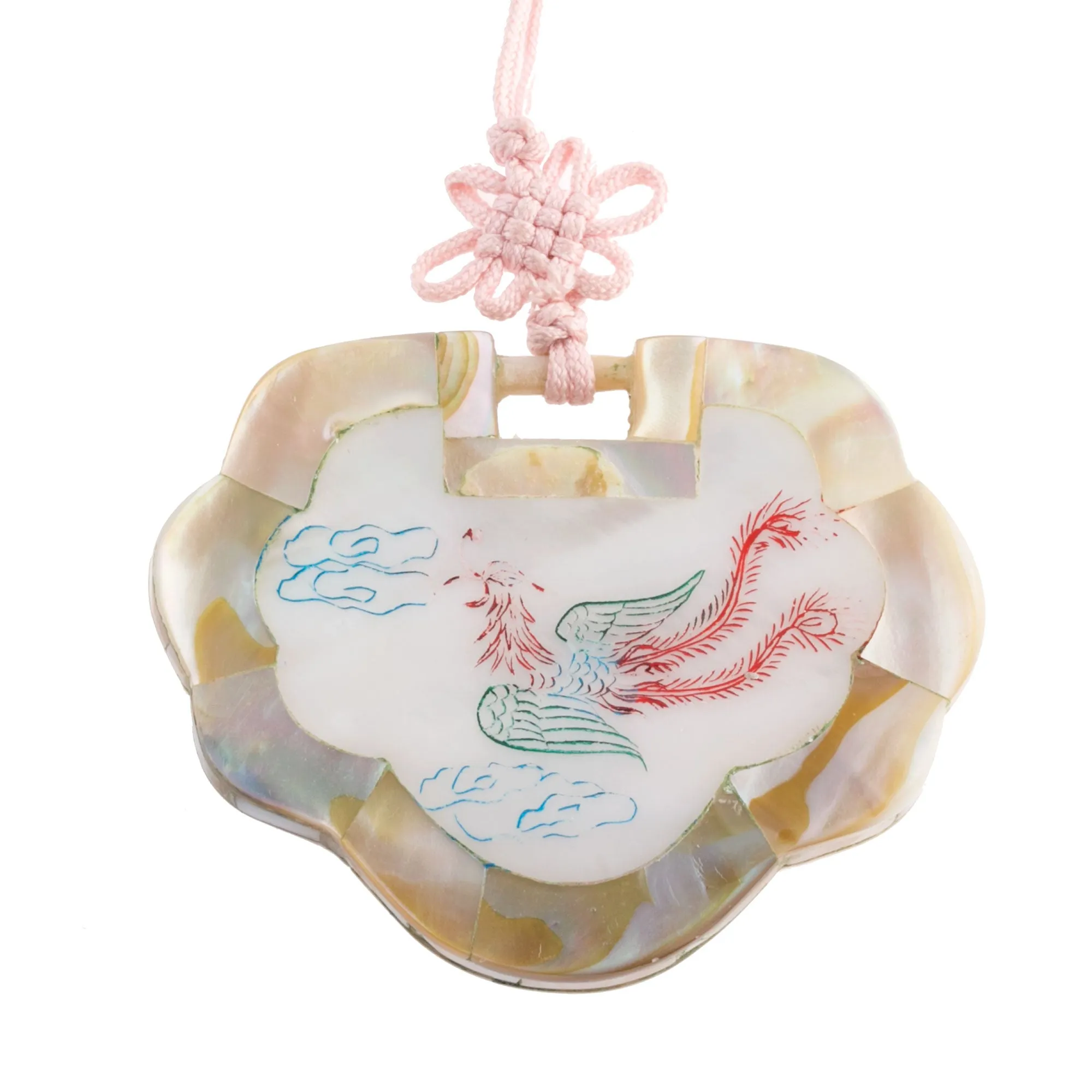 B10-0102 Vintage Inlaid Mother of Pearl Lock pendant, etched and painted, 40x52mm. 1970's Chinese export