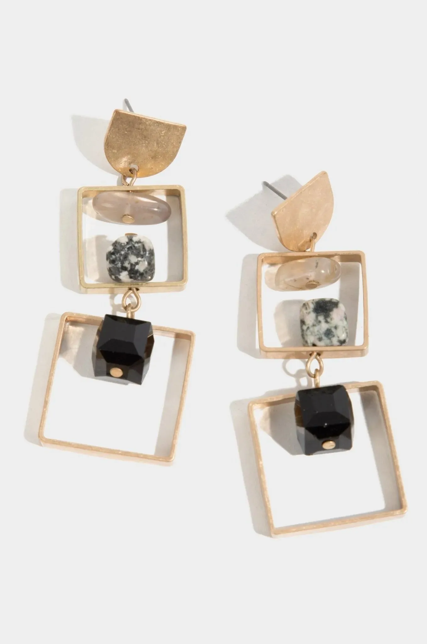 Bead And Stone Square Dangle Earrings
