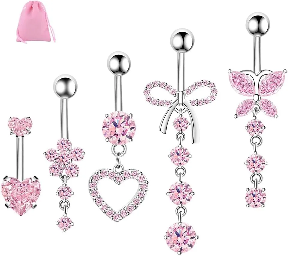 Belly Button Rings Barbell Navel Rings Butterfly Heart Dangling Dangle Belly Rings Belly Piercing Jewelry Body Piercing Barbells for Women 5 piece