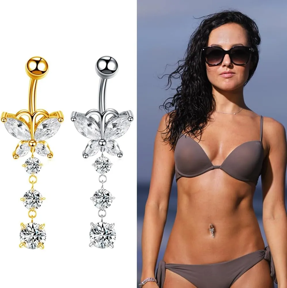 Belly Button Rings Barbell Navel Rings Butterfly Heart Dangling Dangle Belly Rings Belly Piercing Jewelry Body Piercing Barbells for Women 5 piece