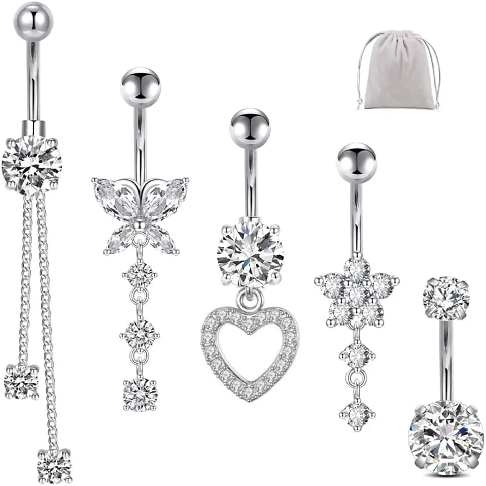 Belly Button Rings Barbell Tassel Navel Rings Butterfly Heart Dangling Dangle Belly Rings Belly Piercing Jewelry Body Piercing Barbells for Women 5Piece