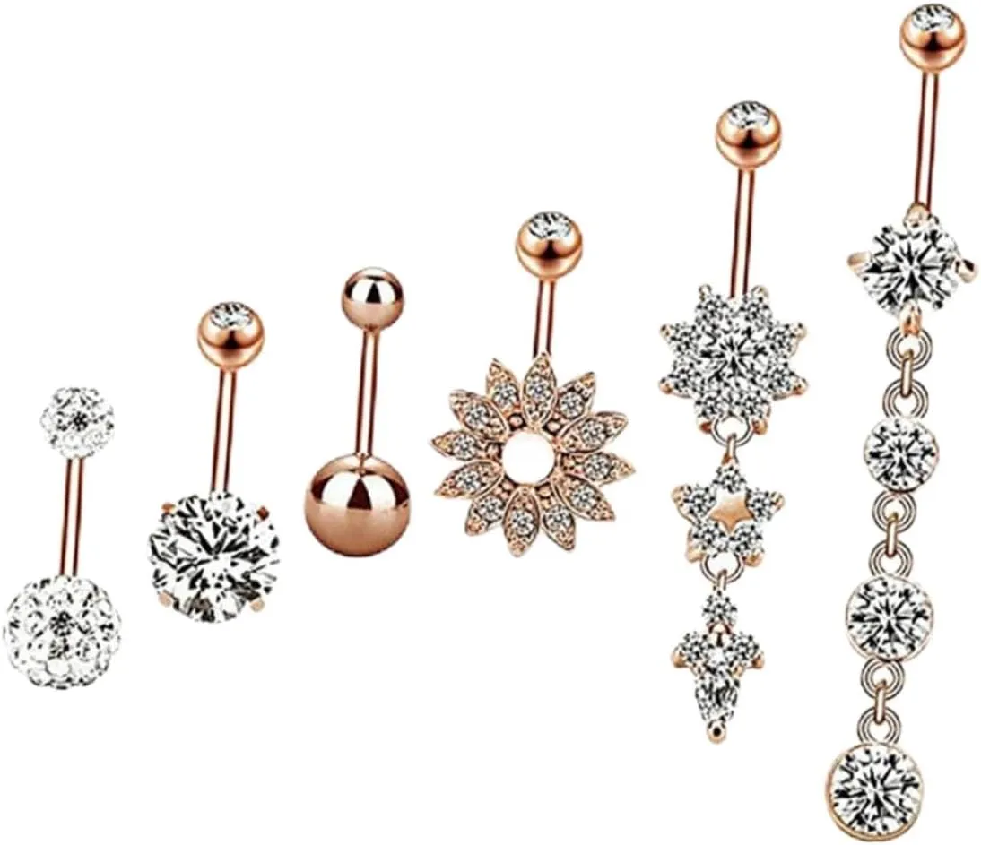 Belly Button Rings Set for Women 6 Pieces Rose Crystal Navel Jewelry Comfortable Medical Stainless Steel Hoop for Piercing