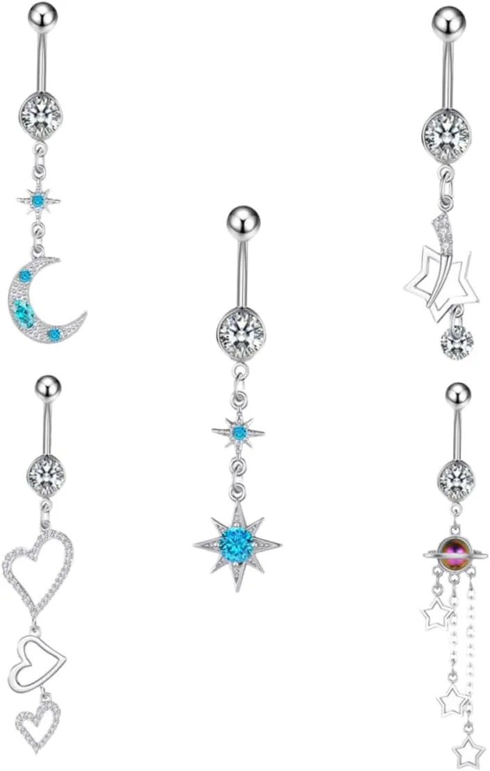 BESPORTBLE 5Pcs Long Dangle Belly Button Rings Elegant Zircon Body Piercing Jewelry Comfortable Navel Jewelry for Women Stunning Design for Fashionable Outfits Safe and Mild Material