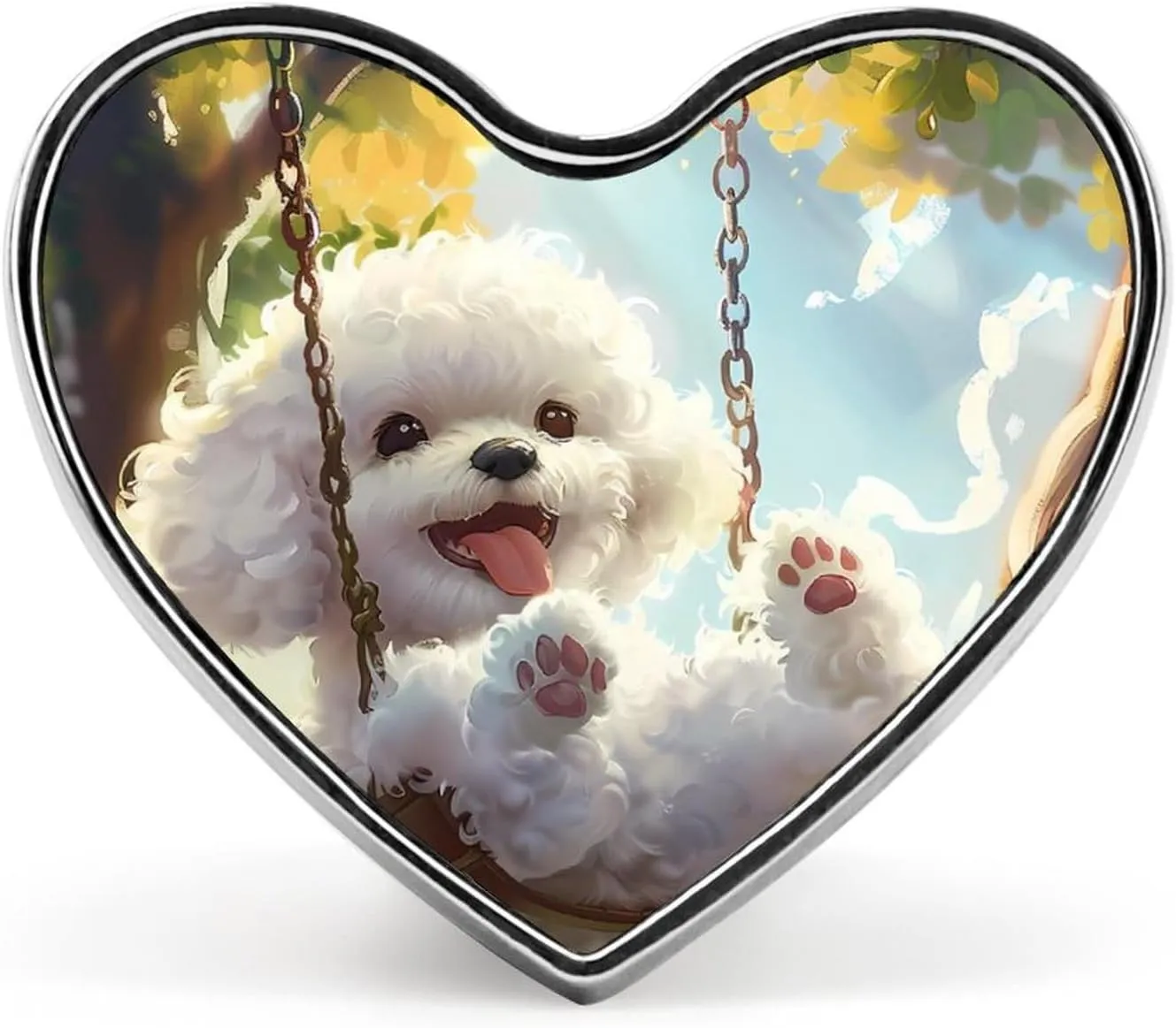 Bichon Frise on Swing Heart Pins Lapel Pins Enamel Brooches for Wedding Party Costume Accessory