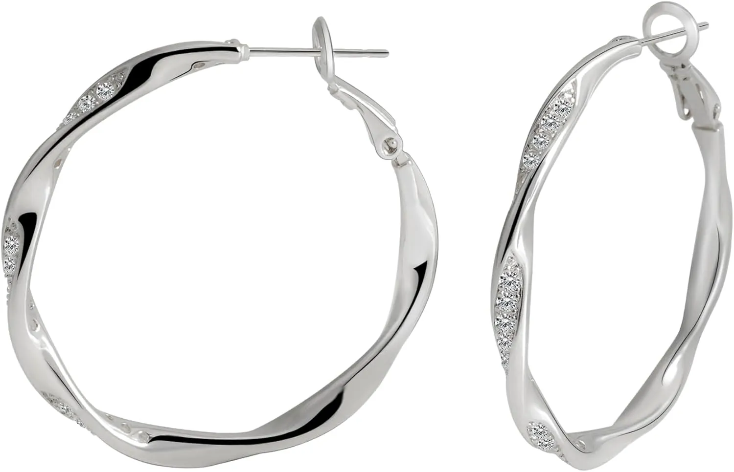 Big Hoop Earrings for Women, 38mm 14k Silver Plated Large Twisted Wavy CZ Stones Thin Dainty Hoop with Sterling Silver Post