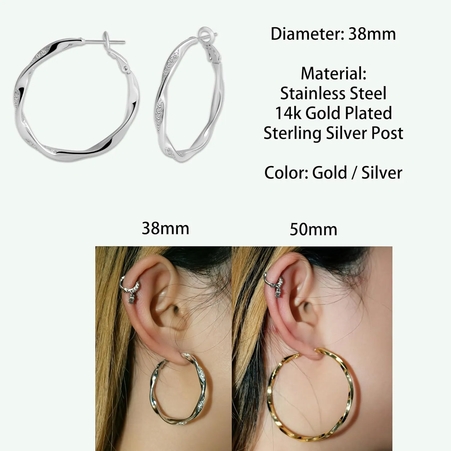 Big Hoop Earrings for Women, 38mm 14k Silver Plated Large Twisted Wavy CZ Stones Thin Dainty Hoop with Sterling Silver Post