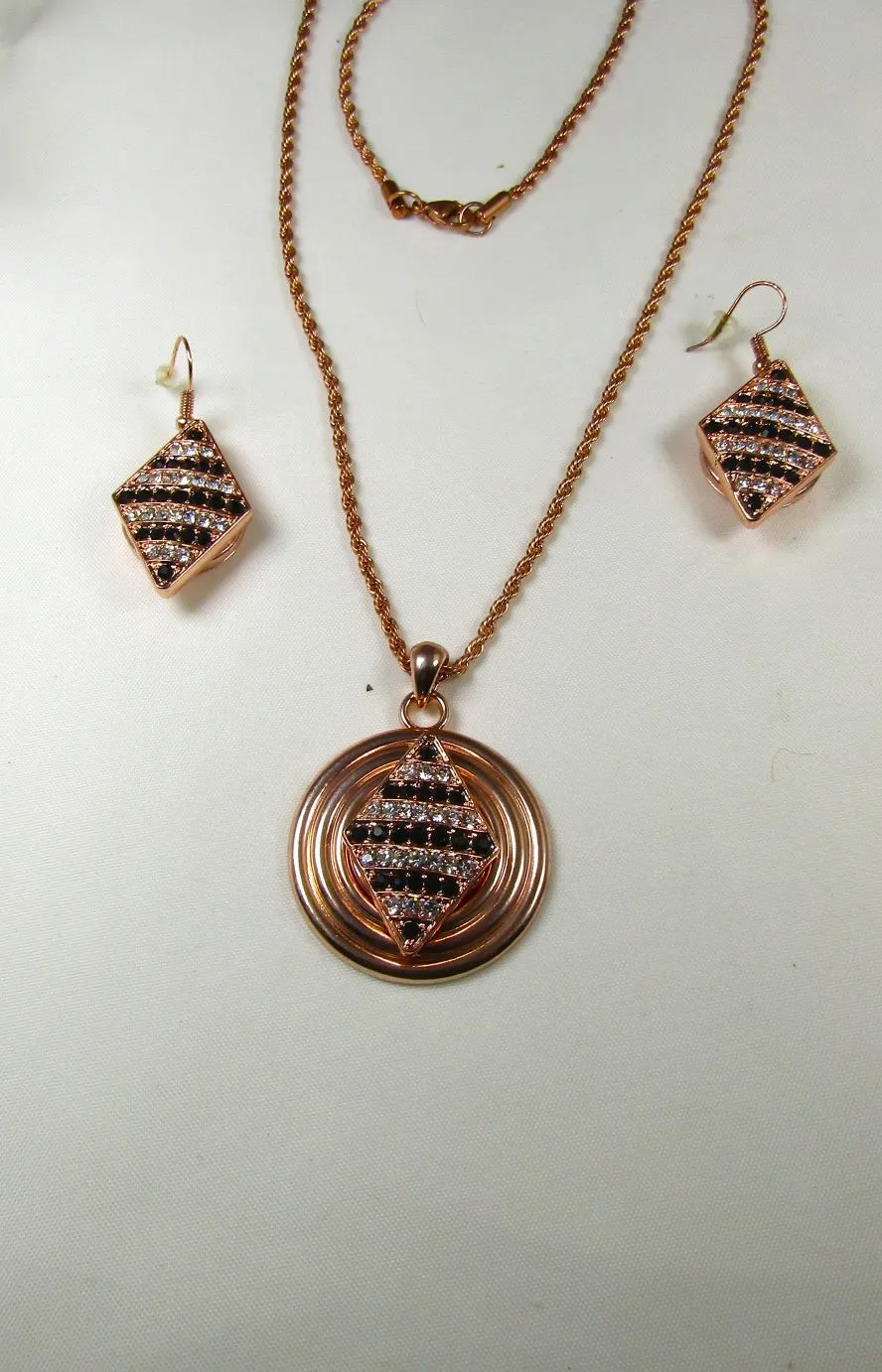 Black Crystal &  Rhinestone Pendant Necklace & Earrings