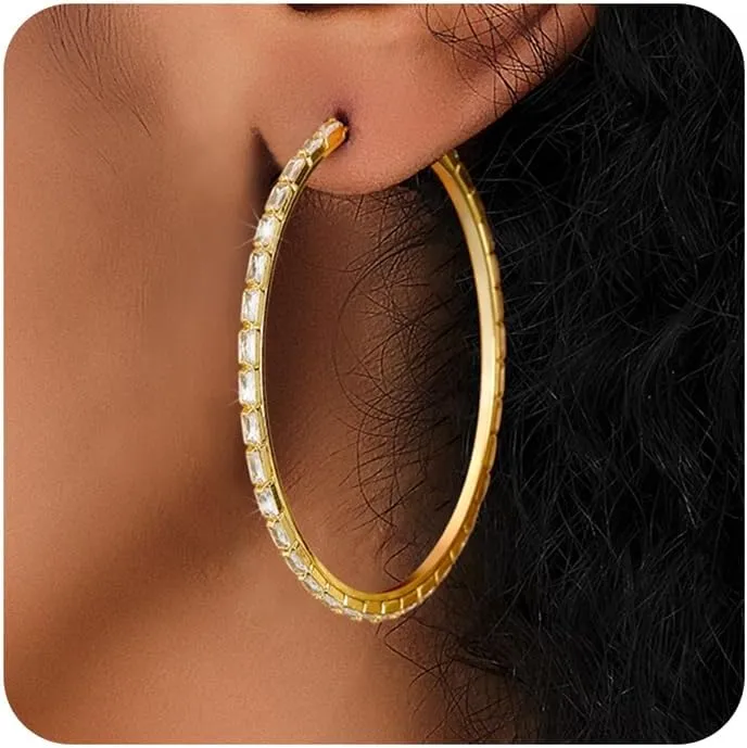 Black Earrings for Women Large Rhinestone Hoop Earrings 14K Gold Silver Plated Big CZ Hoop Earrings Hypoallergenic Jewelry With Crystals For women 40/50/60 mm