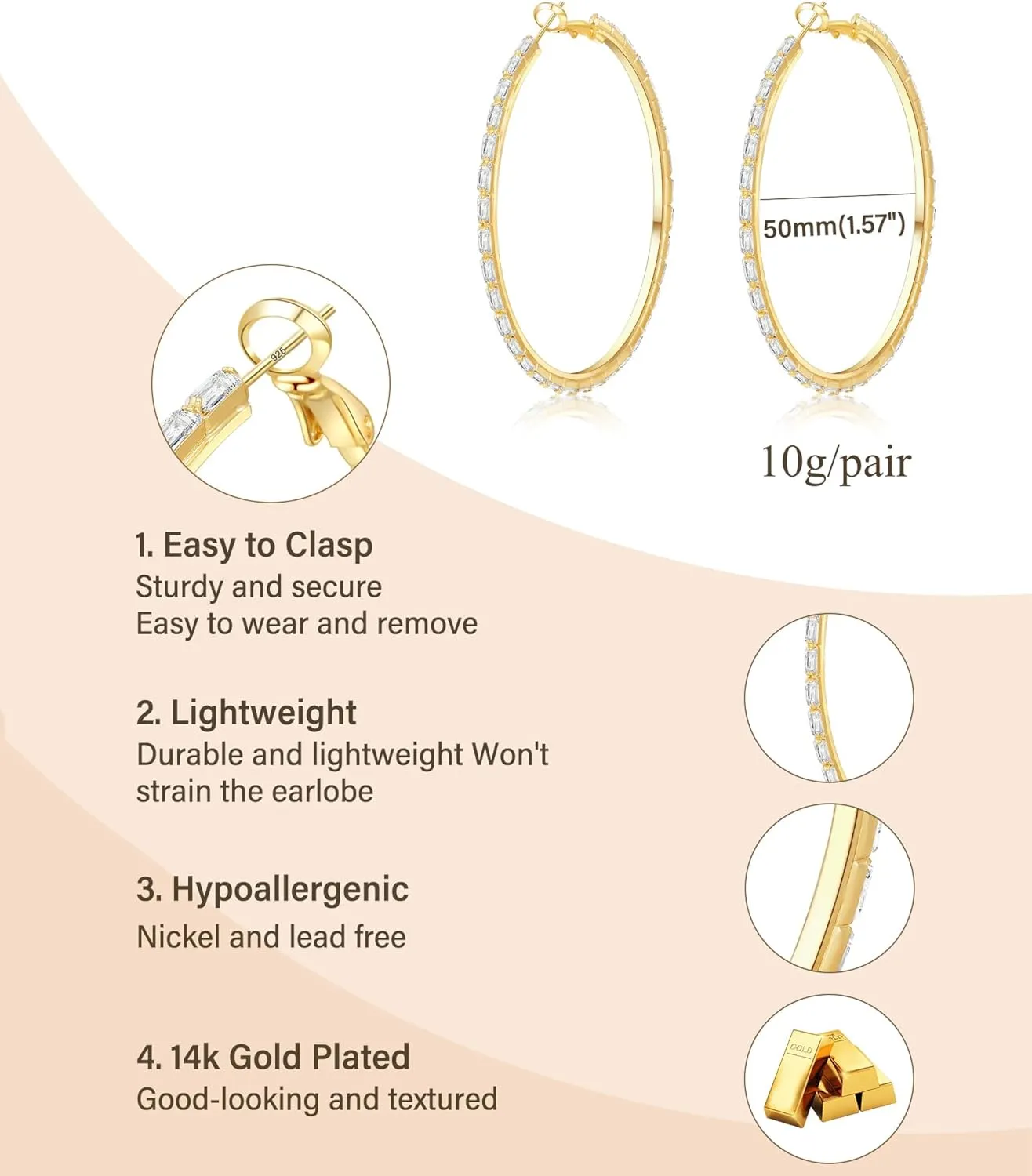 Black Earrings for Women Large Rhinestone Hoop Earrings 14K Gold Silver Plated Big CZ Hoop Earrings Hypoallergenic Jewelry With Crystals For women 40/50/60 mm