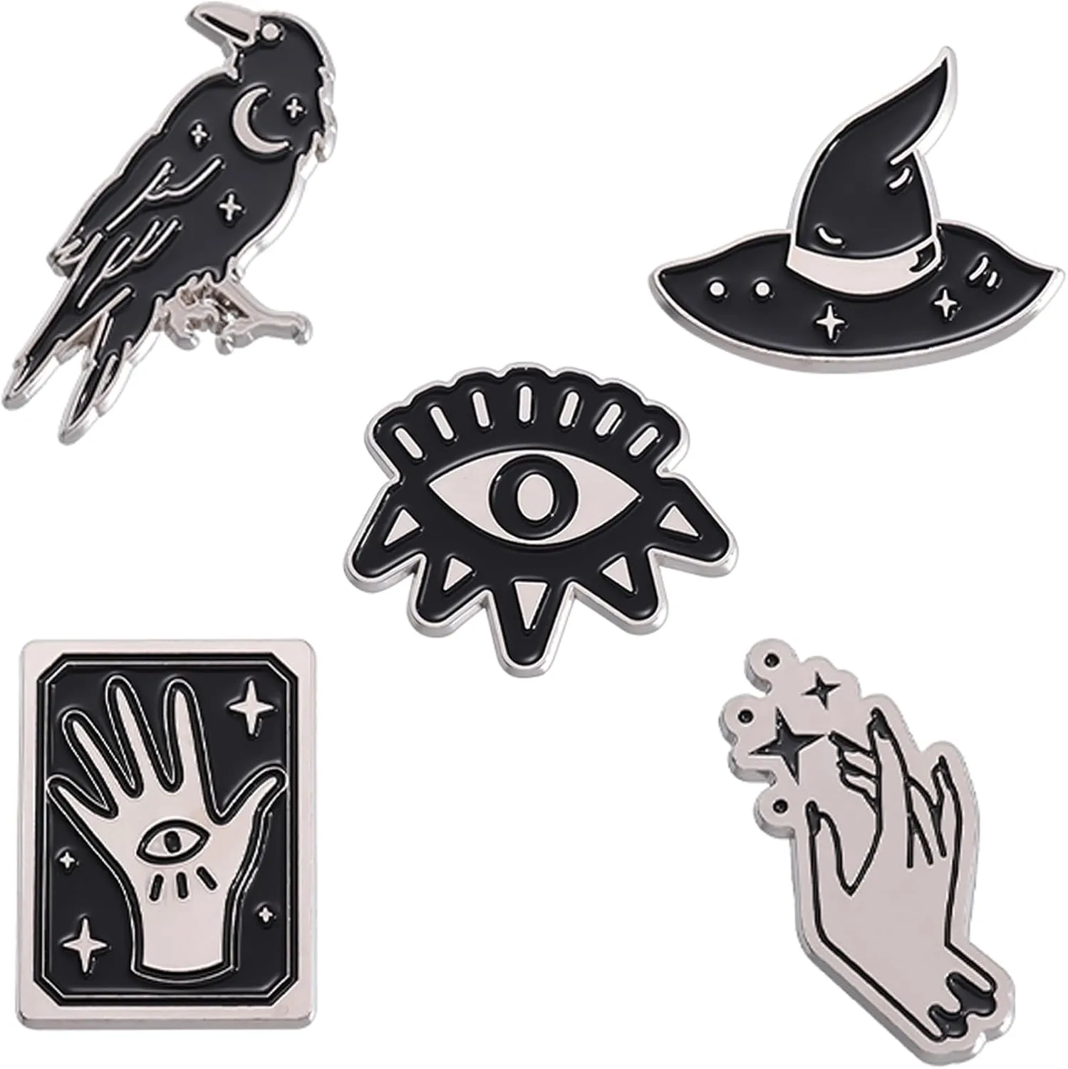 Black Punk Enamel Pins Set,5 Pcs Magic Hat Palm Crow Eye Enamel Brooch Pins for Women Kids Horror Aesthetic Pins for Backpacks Jackets Accessories Crafts