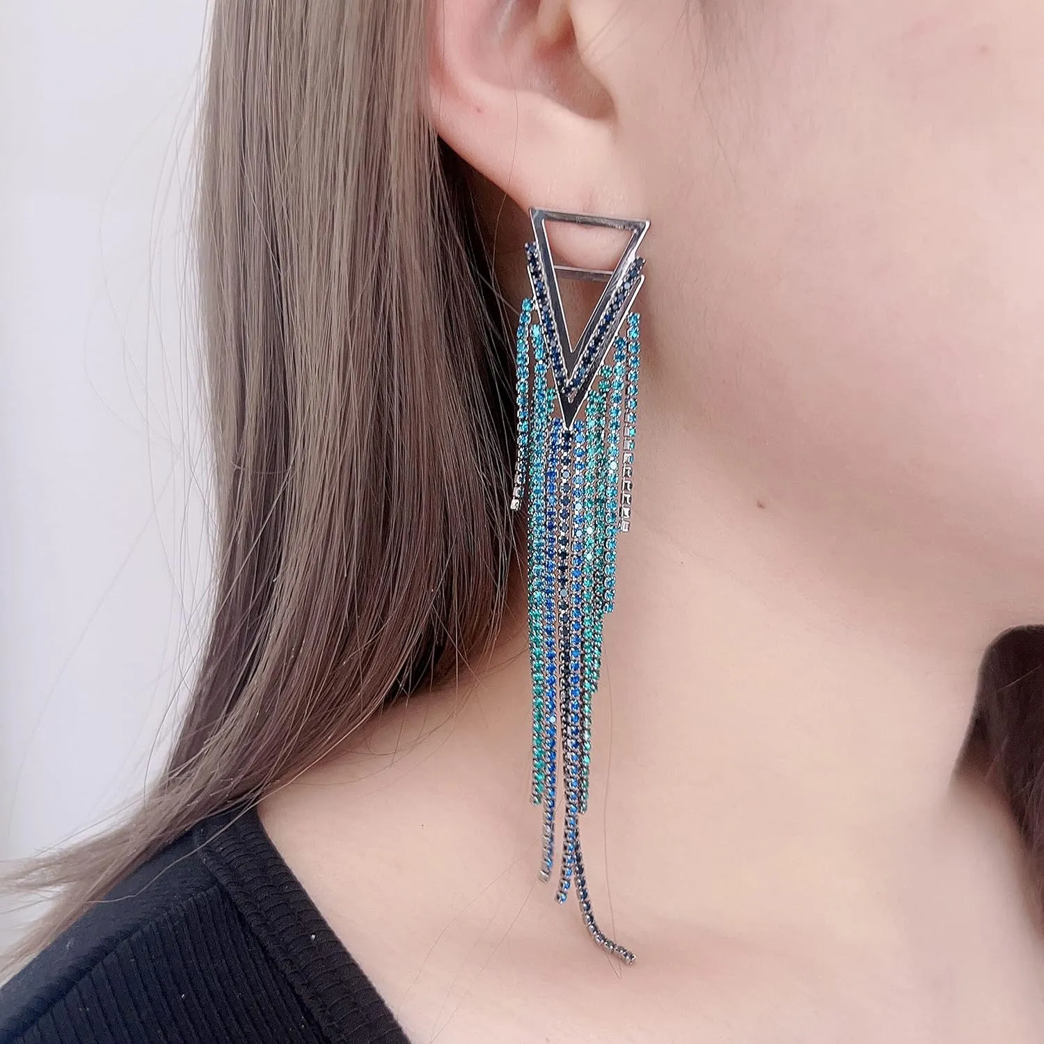 Blue Long Tassel Dangle Earrings for Women Blue Long Crystal Threader Earrings Chain Drop Earrings for Women