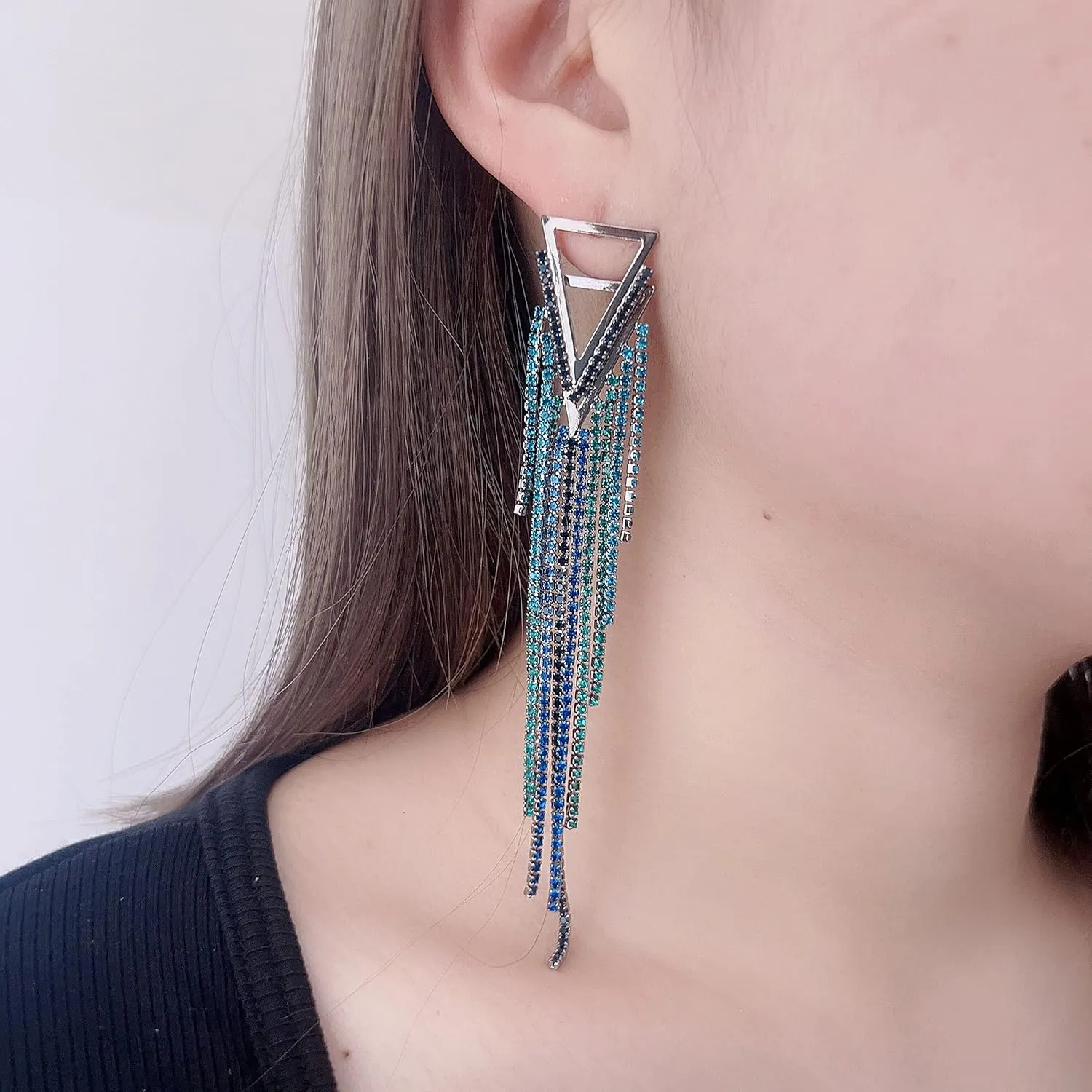 Blue Long Tassel Dangle Earrings for Women Blue Long Crystal Threader Earrings Chain Drop Earrings for Women