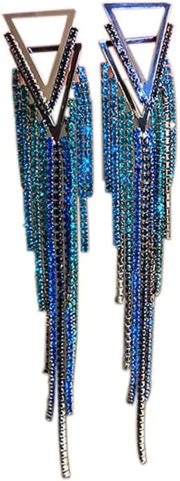 Blue Long Tassel Dangle Earrings for Women Blue Long Crystal Threader Earrings Chain Drop Earrings for Women