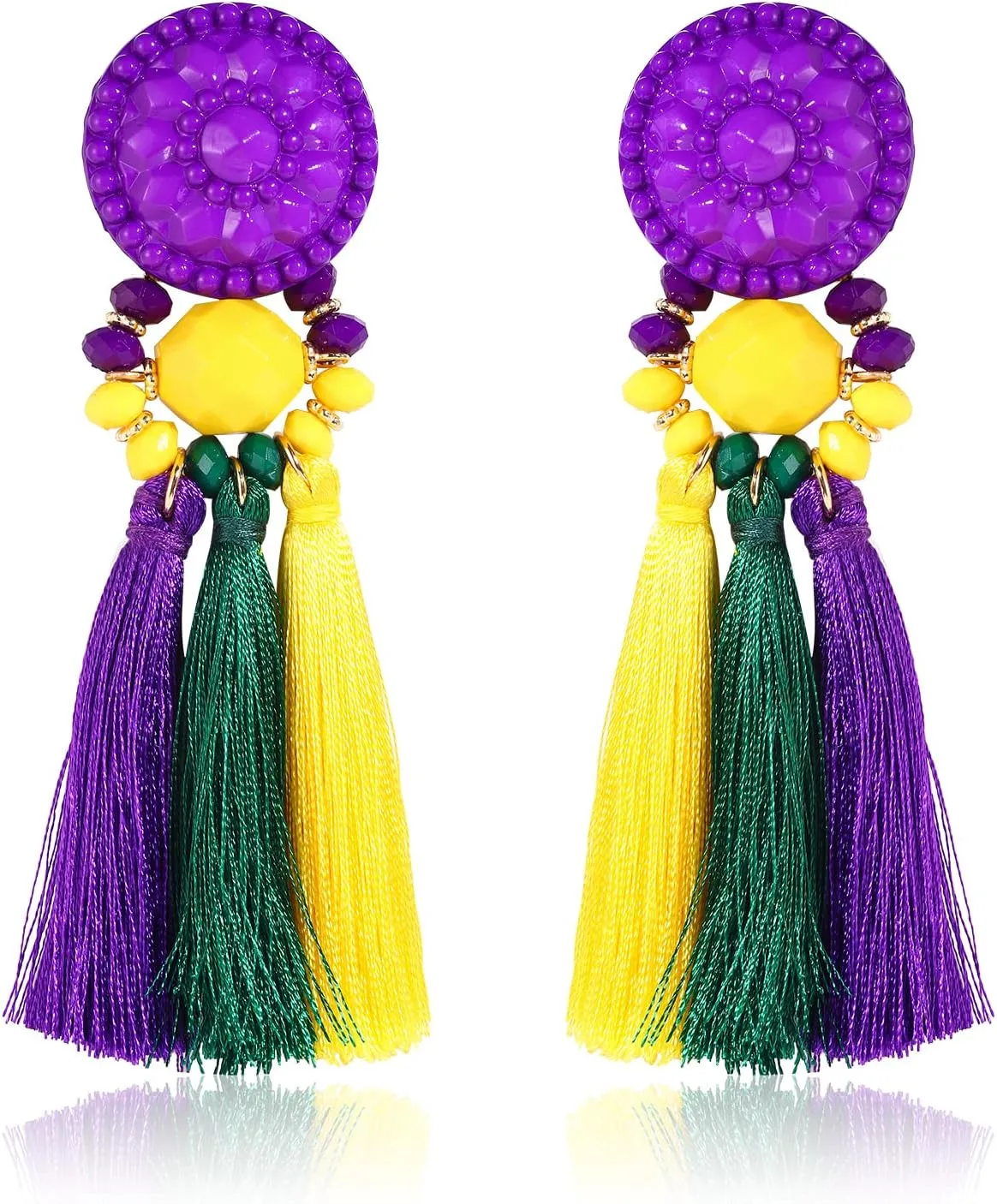 boderier Bohemian Statement Thread Tassel Chandelier Drop Dangle Earrings with Cassandra Button Stud (Mardi Gras)