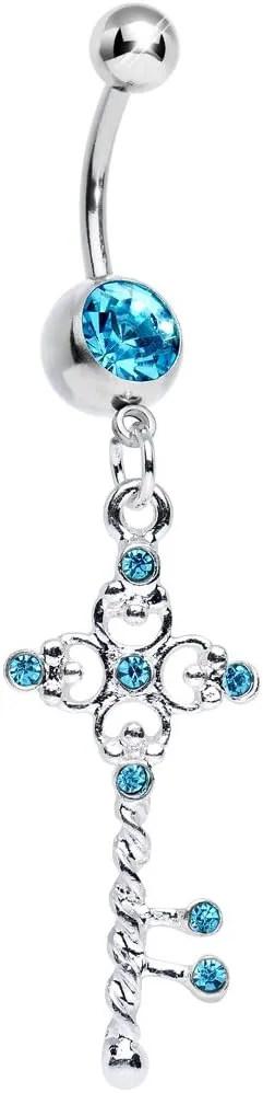 Body Candy Brilliant Blue Sparkling Twisted Key Dangle Belly Ring