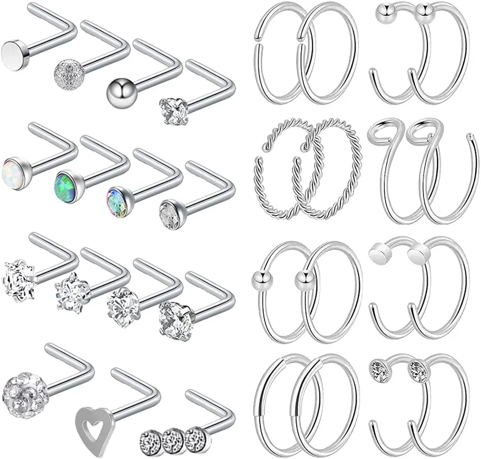 BodyAce 20G Nose Rings Nostril Studs, 316L Surgical Steel Nose Hoops Nostril Ring, Gold CZ Nose Piercings L Shaped Corkscrew Nose Jewelry for Women Men