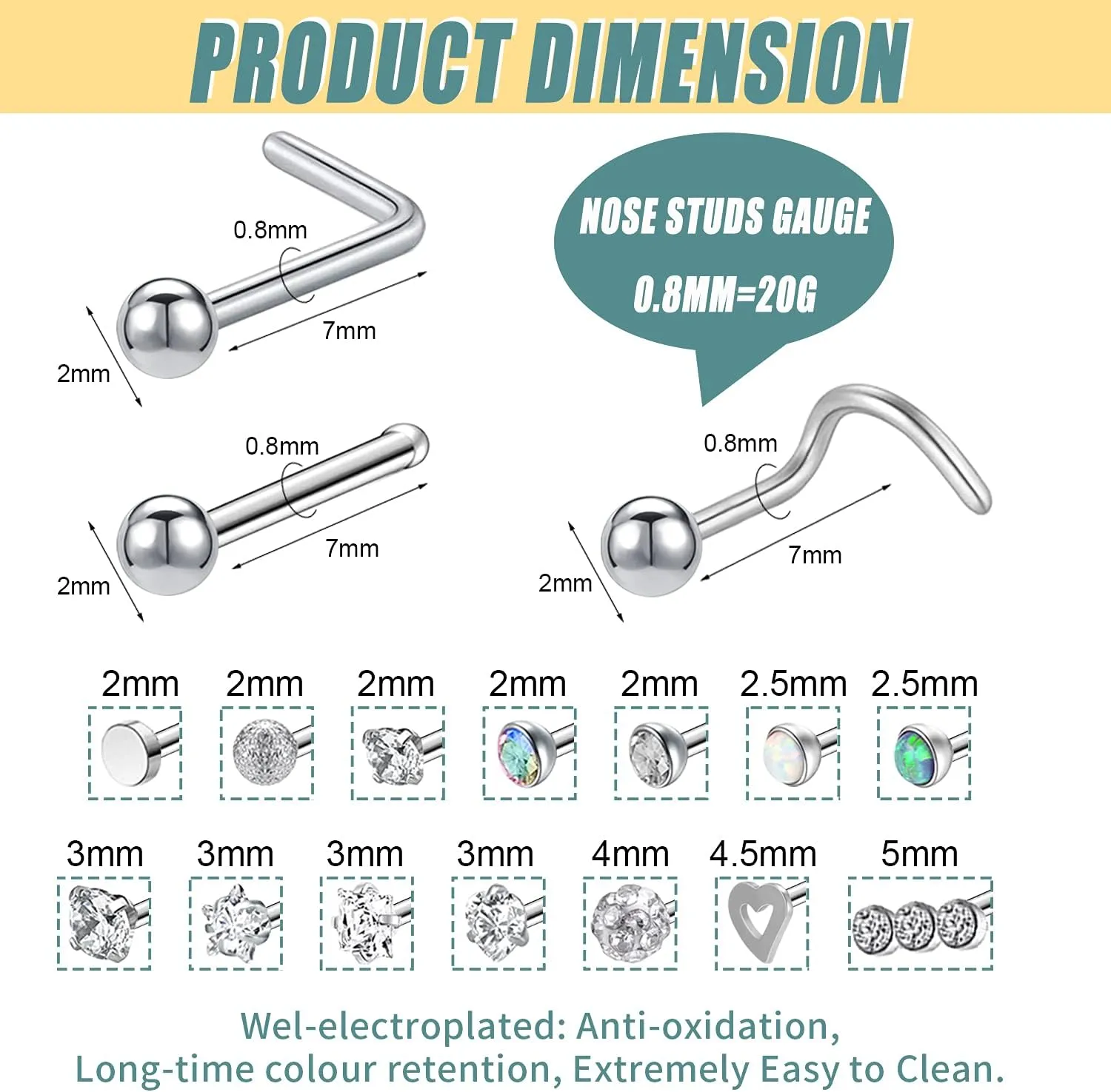 BodyAce 20G Nose Rings Nostril Studs, 316L Surgical Steel Nose Hoops Nostril Ring, Gold CZ Nose Piercings L Shaped Corkscrew Nose Jewelry for Women Men