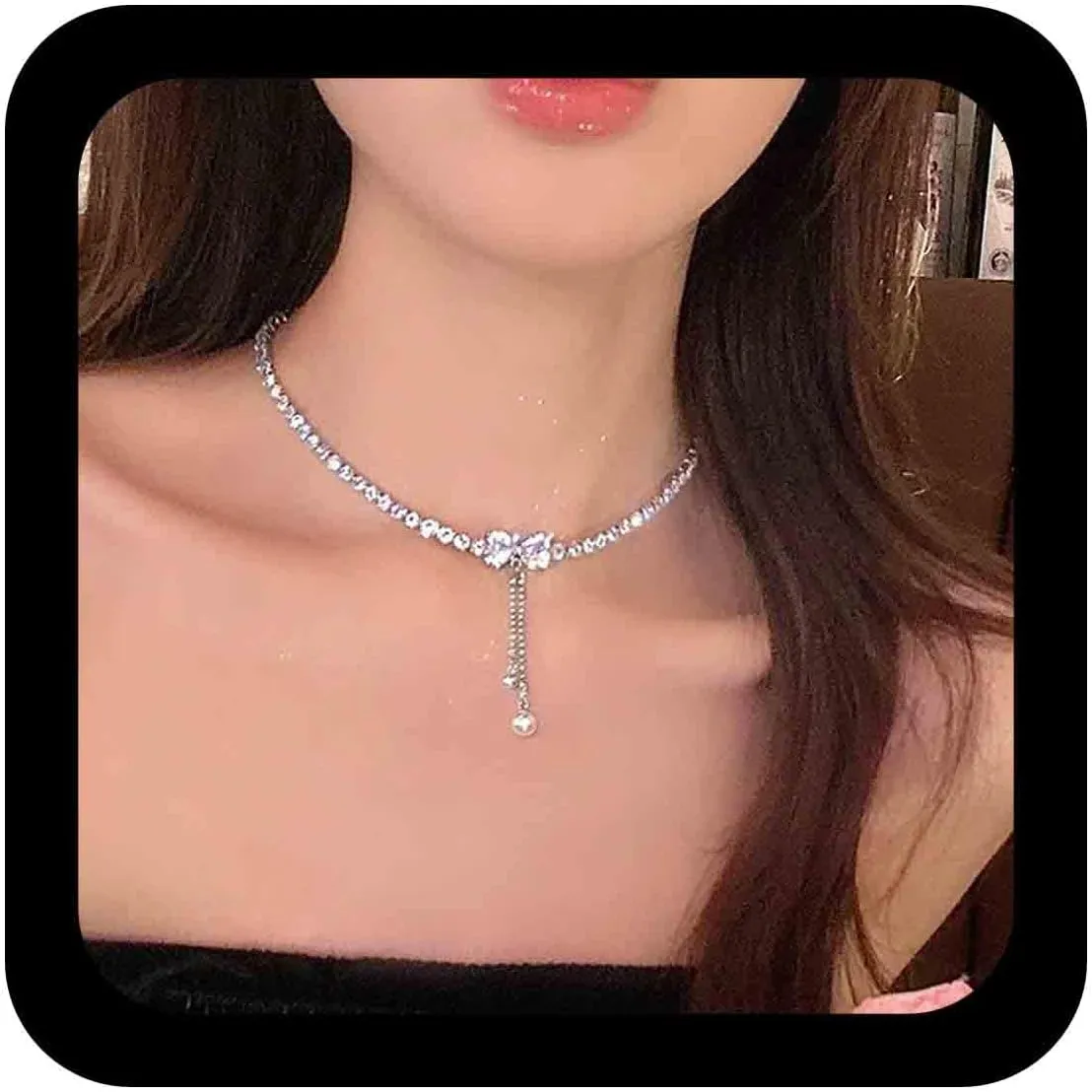 Bohemian Crystal Bow Tie Choker Necklace Silver Pearl Tassel Chain Necklaces Sparkly Cz Tennis Chain Necklaces Rhinestone Bow Pearl Collar Necklace Jewelry for Women