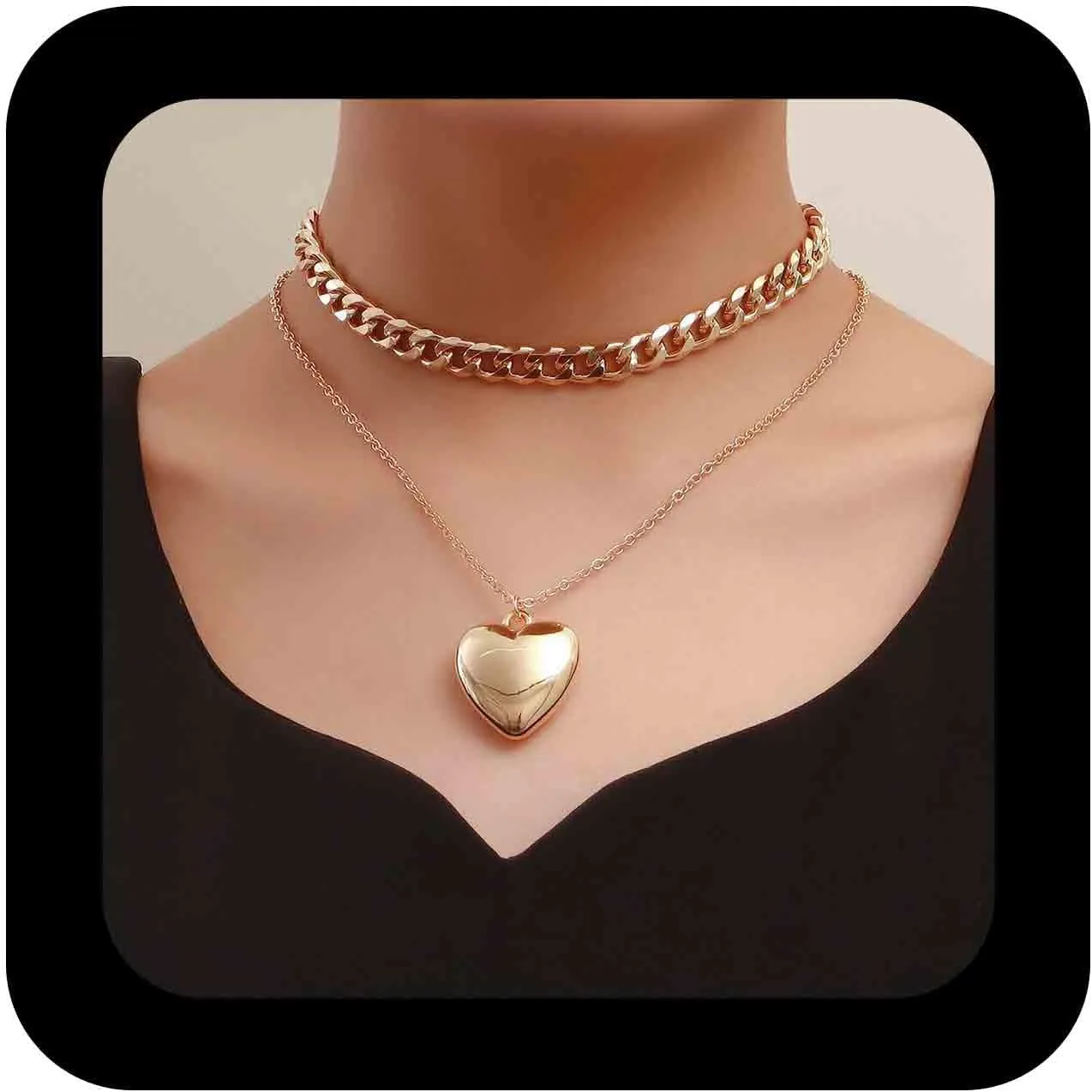 Bohemian Layered Heart Pendant Necklace Gold Heart Curb Chain Necklace Metal Puffy Heart Choker Necklaces Chunky Cuban Link Chain Necklaces Jewelry for Women