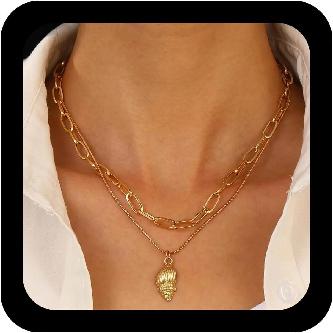 Bohemian Shell Layered Necklace Gold Shell Pendant Necklace Vintage Seashell Layered Choker Necklaces Paperclip Chain Choker Necklaces Jewelry for Women(shells)