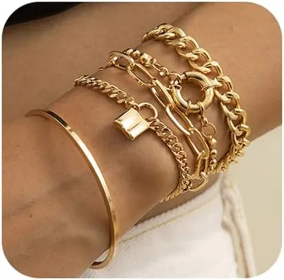 Boho Fashion Dainty Boho Gold Silver Chain Stackable Lock Bracelets Set for Women Adjustable Beaded Chunky Flat Cable Chain Punk Bracelets Jewelry for Women Gift Set of 5