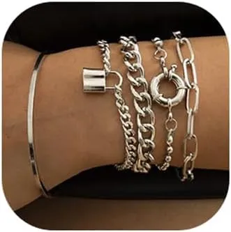 Boho Fashion Dainty Boho Gold Silver Chain Stackable Lock Bracelets Set for Women Adjustable Beaded Chunky Flat Cable Chain Punk Bracelets Jewelry for Women Gift Set of 5