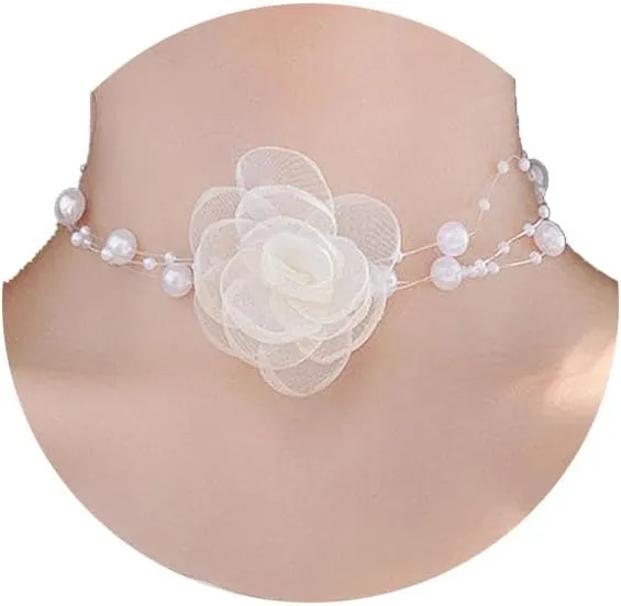 Boho Flower Pearl Choker Necklace for Floral Choker,Women Dainty Pearl Beaded Chain Collar Necklace Flower Necklace for Women Trendy Jewelry