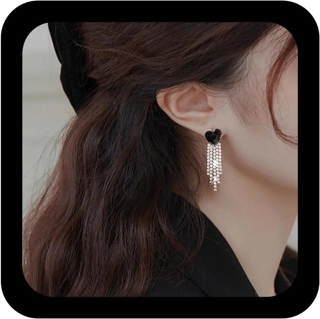 Boho Heart Rhinestone Tassel Earrings Crystal Tassel Drop Earrings Enamel Black Love Heart Earring Shiny Cz Crystal Chandelier Earring Wedding Bridal Jewelry for Women