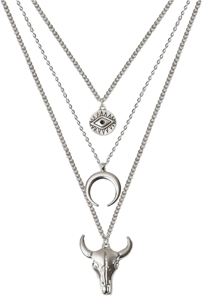 Boho Layered Necklace for Women Western Necklace for Women Evil Eye Moon Bull Head Necklace Cowgirl Necklace for Women Western Jewelry for Women Cowgirl Accessories