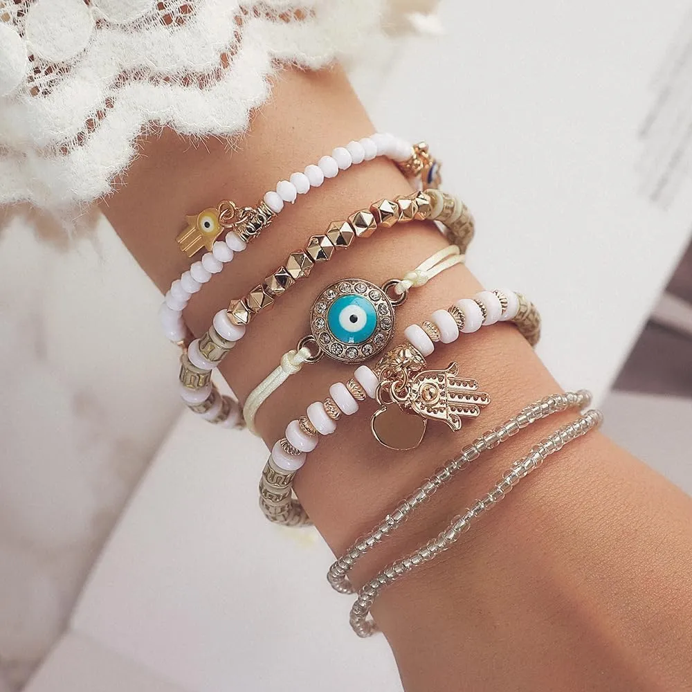 Boho Stretch Beads Bracelets 6Pcs Handmade Multicolor Evil Eye Hamsa Bracelets Multilayer Crystal Hand Chain Lucky Protection Stackable Bracelets for Men Women Girls Jewelry