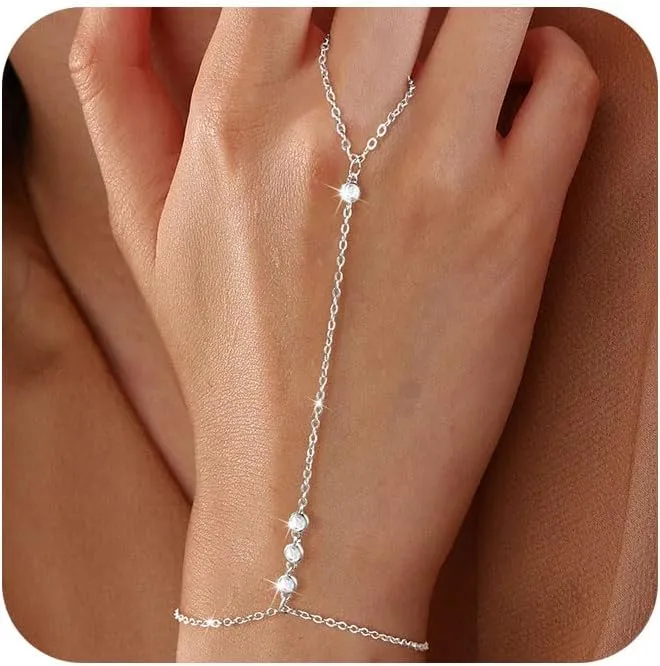 Bracelets for Women,14K Gold/Silver Plated Dainty Hand Chain Bracelets Trendy Ring Bracelet Charm Gold Cuff Bangle Stackable Bracelets Jewelry Adjustable 7" 2"