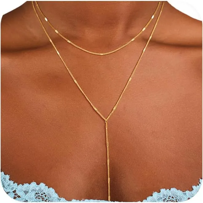 CAROVO Gold Necklace for Women Dainty Long Necklace 14K Gold/Silver Lariat Y-Shaped Pendant Necklaces Trendy Layered Lip Cubic Zirconia Beaded Chain Drop Necklaces Jewelry for Women Gifts