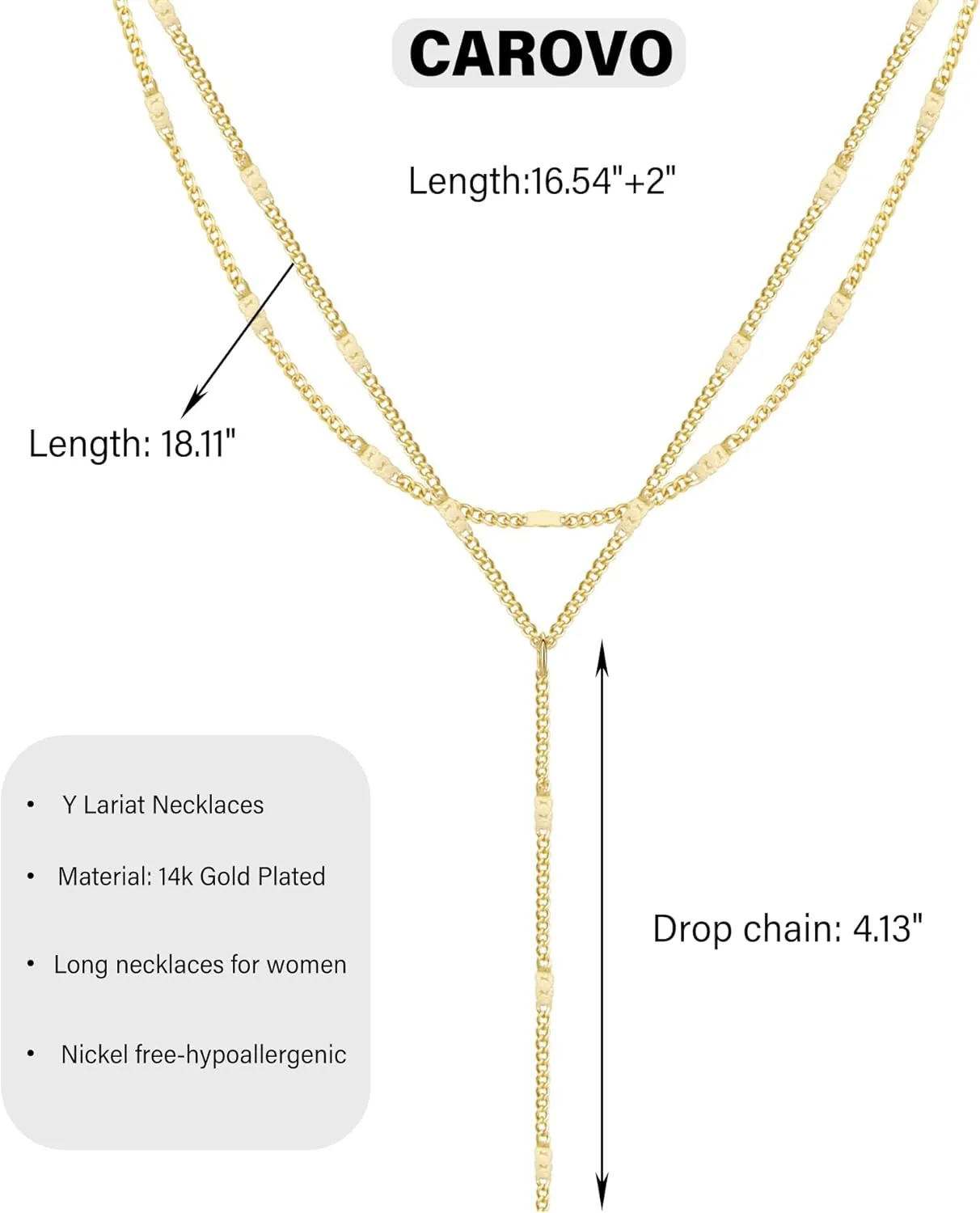 CAROVO Gold Necklace for Women Dainty Long Necklace 14K Gold/Silver Lariat Y-Shaped Pendant Necklaces Trendy Layered Lip Cubic Zirconia Beaded Chain Drop Necklaces Jewelry for Women Gifts