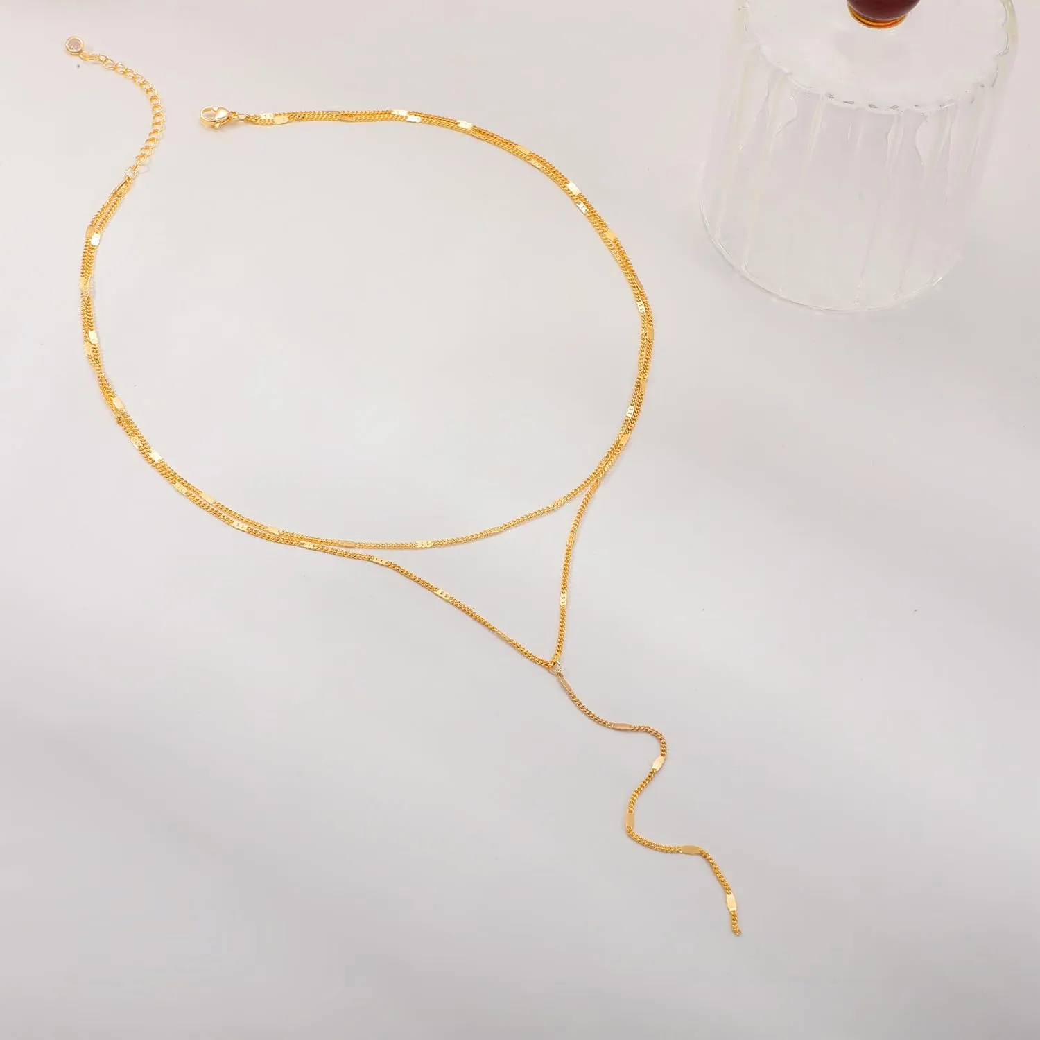 CAROVO Gold Necklace for Women Dainty Long Necklace 14K Gold/Silver Lariat Y-Shaped Pendant Necklaces Trendy Layered Lip Cubic Zirconia Beaded Chain Drop Necklaces Jewelry for Women Gifts