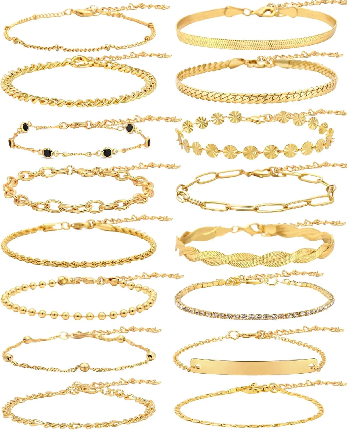CASDAN 16Pcs Gold Bracelet Sets for Women 14K Gold Plated Adjustable Stackable Cuban Link Paperclip Chain Bracelet Dainty Gold Layered Bracelet Fashion Jewelry