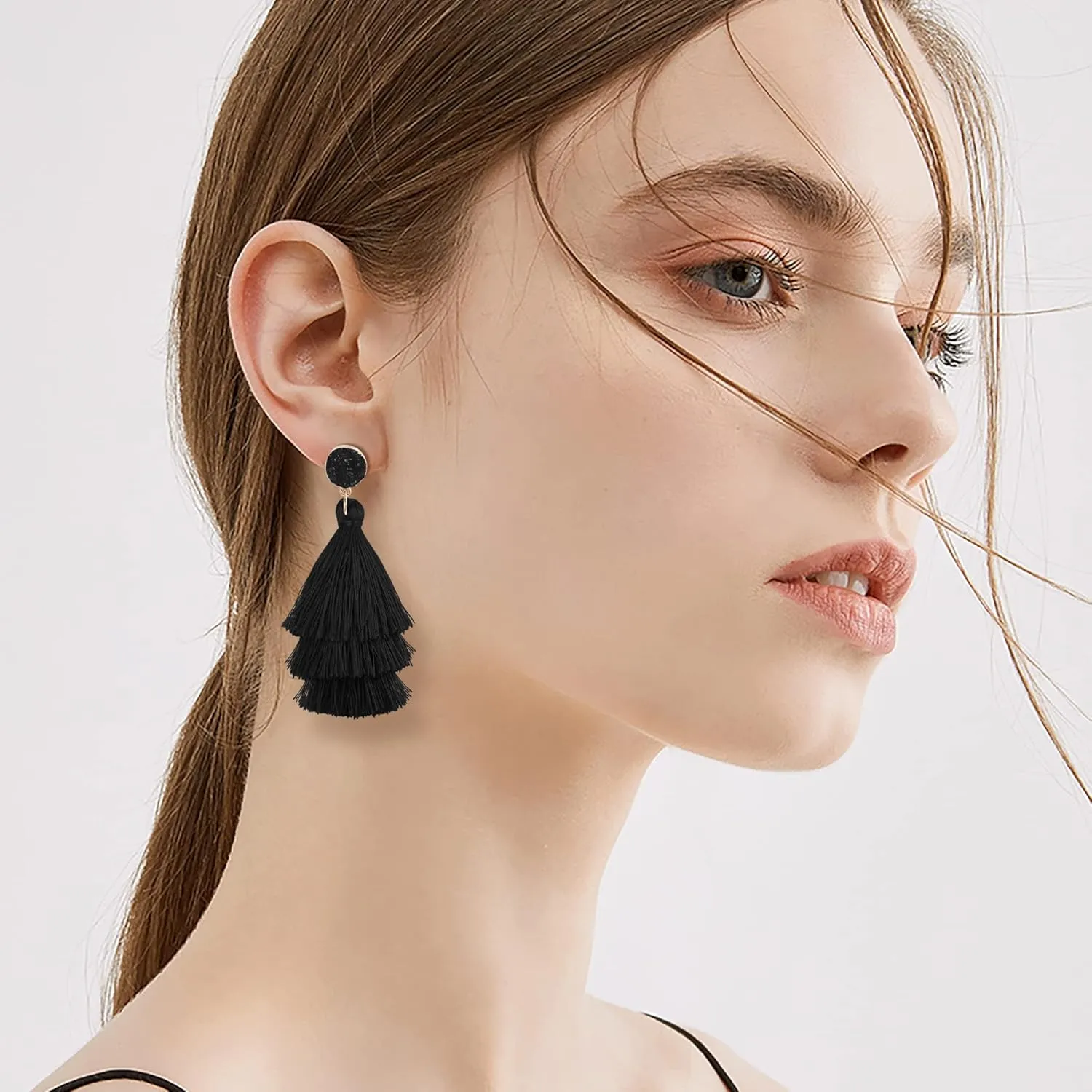 CASSIECA Tassel Statement Earrings for Women Clip On Drop Earrings Colorful Bohemian Tiered Tassel Druzy Dangle Drop Earrings Non Piercing Jewelry Birthday Christmas Valentines Day Gift