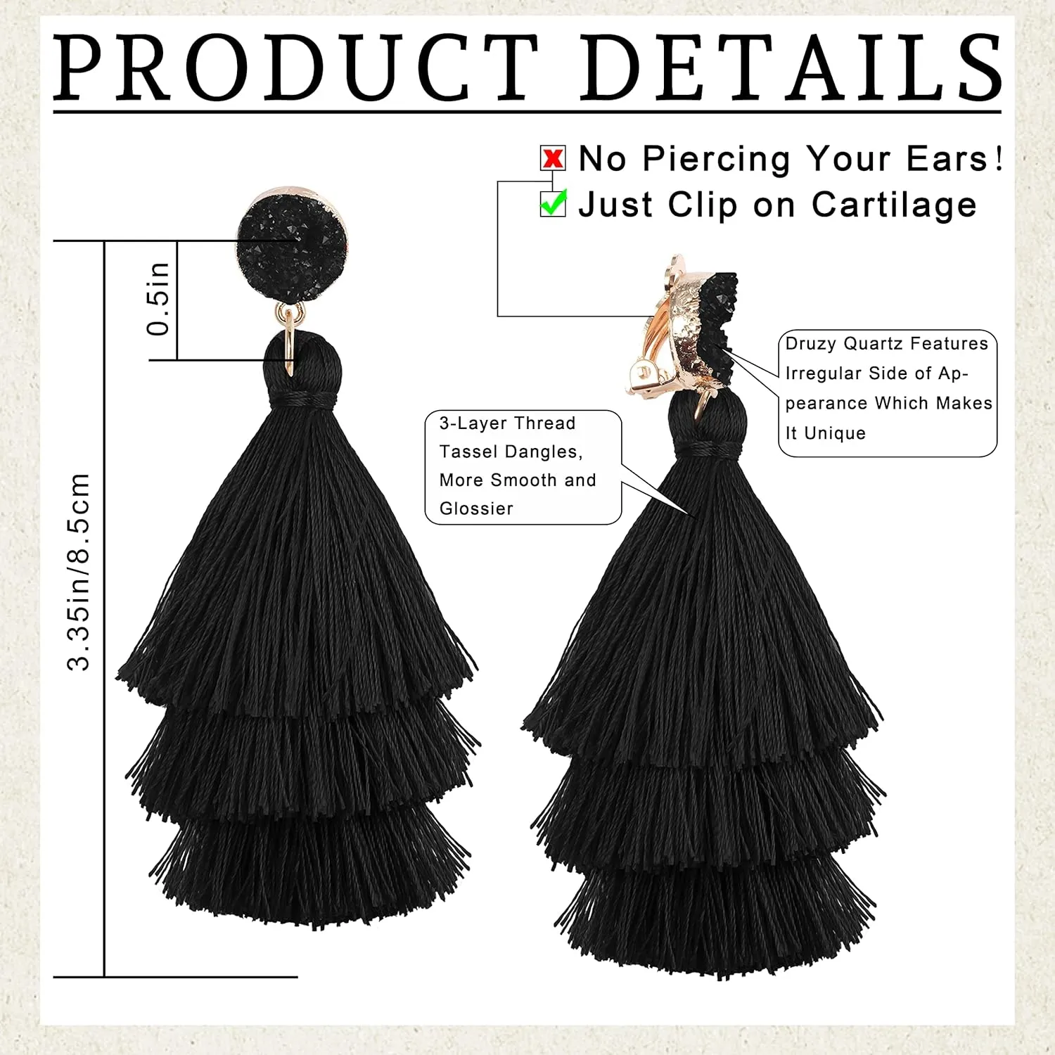 CASSIECA Tassel Statement Earrings for Women Clip On Drop Earrings Colorful Bohemian Tiered Tassel Druzy Dangle Drop Earrings Non Piercing Jewelry Birthday Christmas Valentines Day Gift