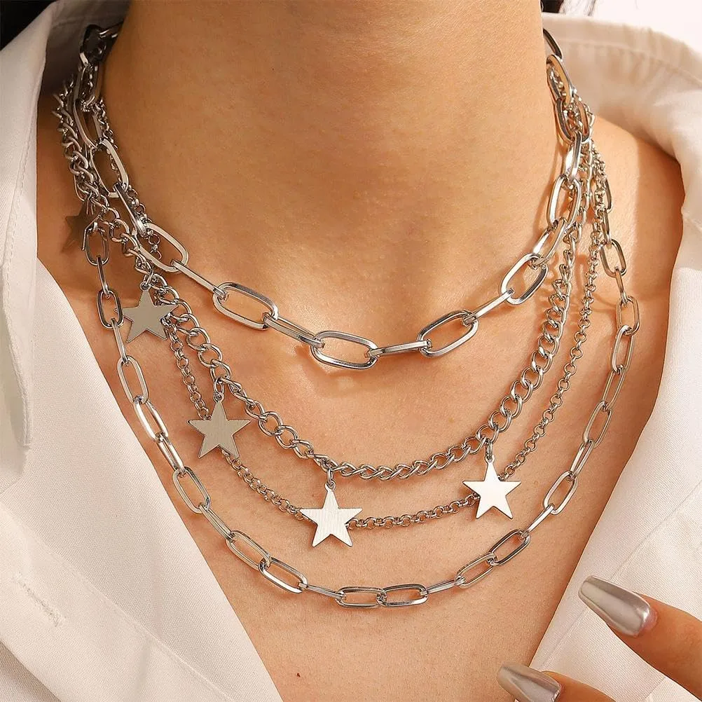Charm Silver Layered Heart Stars Pendent Necklace for Women, Sparkly Love Snake Paper Clip Chain Collarbone Choker Necklaces Set Valentine Jewelry Gift