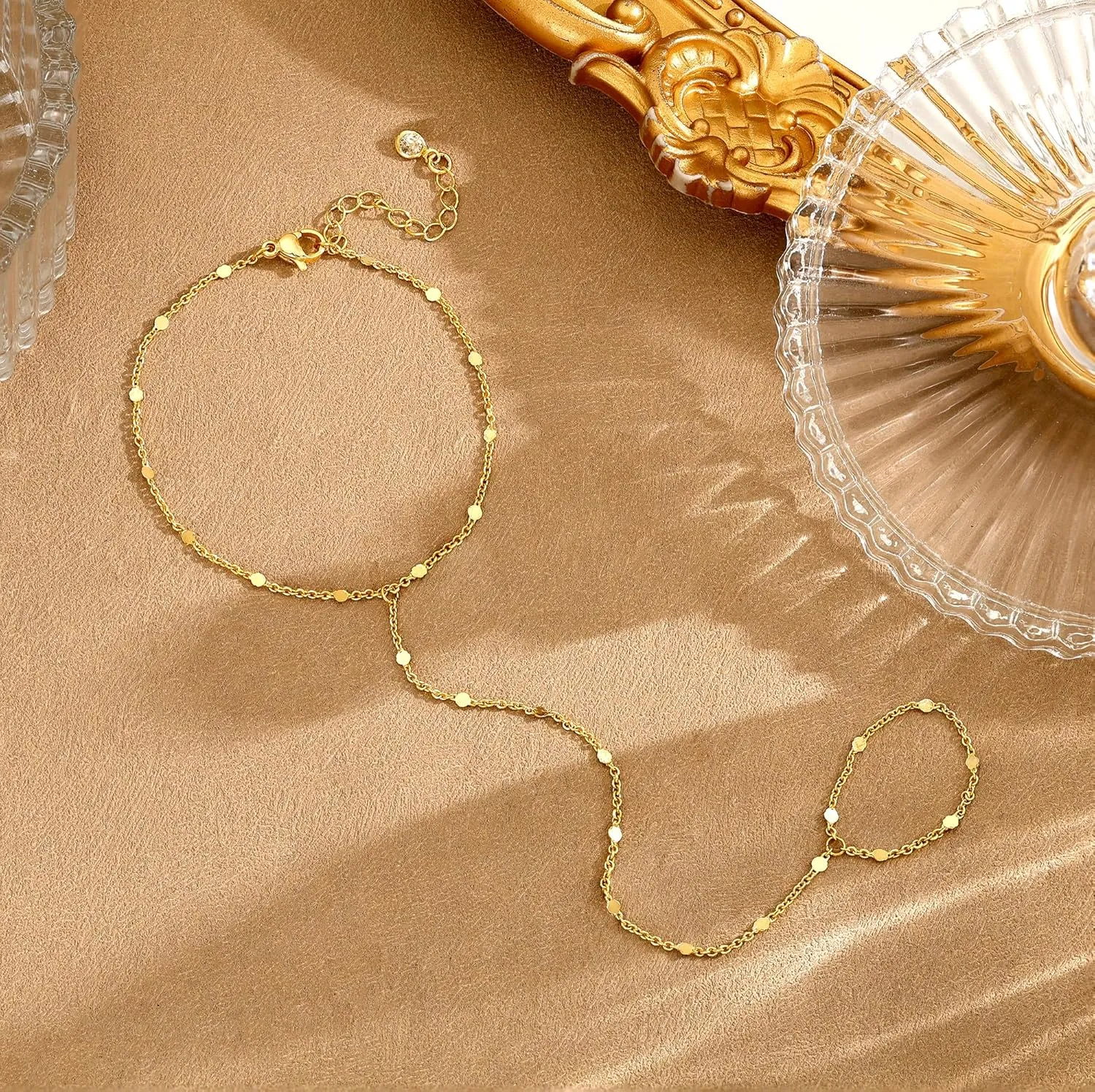 CHESKY Gold Hand Chain Bracelet for Women Trendy, Dainty 14k Gold Plated Ring Bracelets Hand Chain Hypoallergenic Finger Nail Bracelet Simple Gold Hand Jewelry for Women