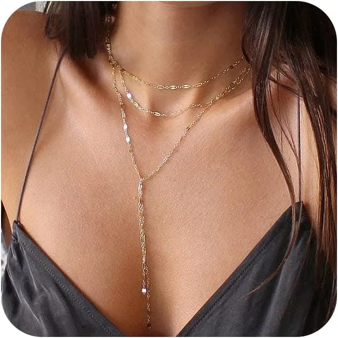 CHESKY Long Gold Necklace for Women, Layered Lariat Necklaces 14k Gold Plated/Silver Dainty Drop Necklaces for Women Trendy Simple Non Tarnish Chain Necklace Statement Y-Shaped Jewelry Gift Wedding