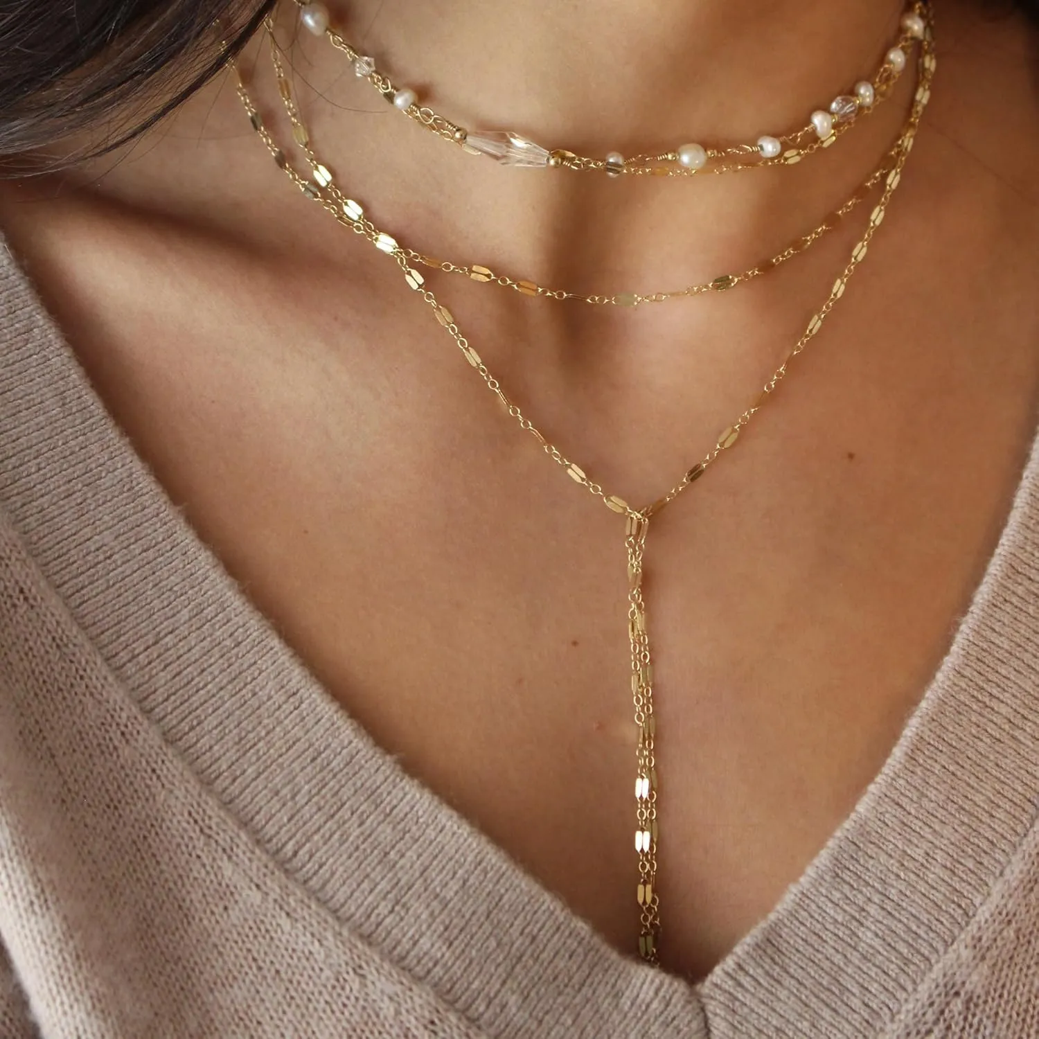 CHESKY Long Gold Necklace for Women, Layered Lariat Necklaces 14k Gold Plated/Silver Dainty Drop Necklaces for Women Trendy Simple Non Tarnish Chain Necklace Statement Y-Shaped Jewelry Gift Wedding