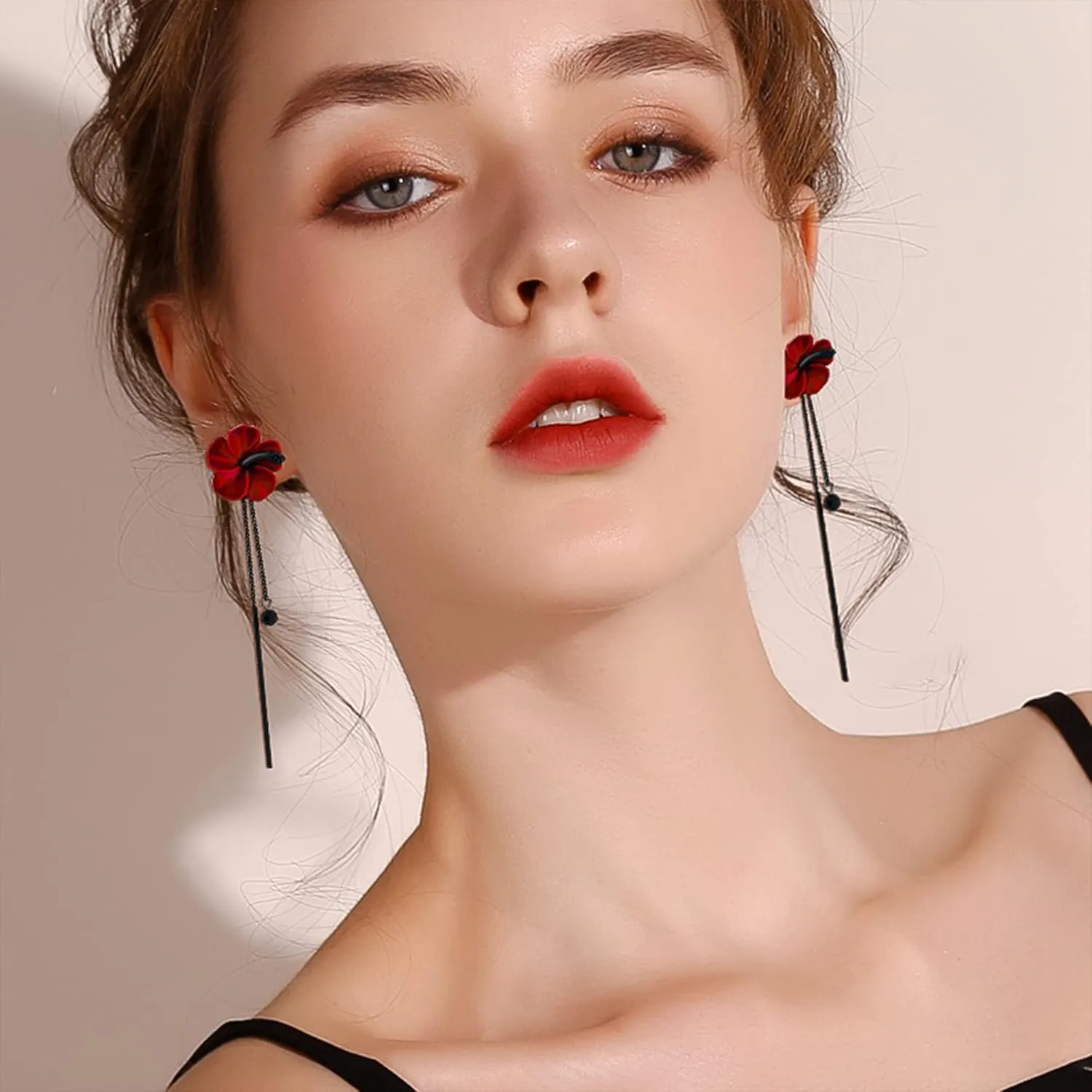 Chinese Trendy Red Green Poppy Flower Black Long Line Bar Tassel Earrings for Women Charm Drop Dangle Earring Jewelry Elegant Statement