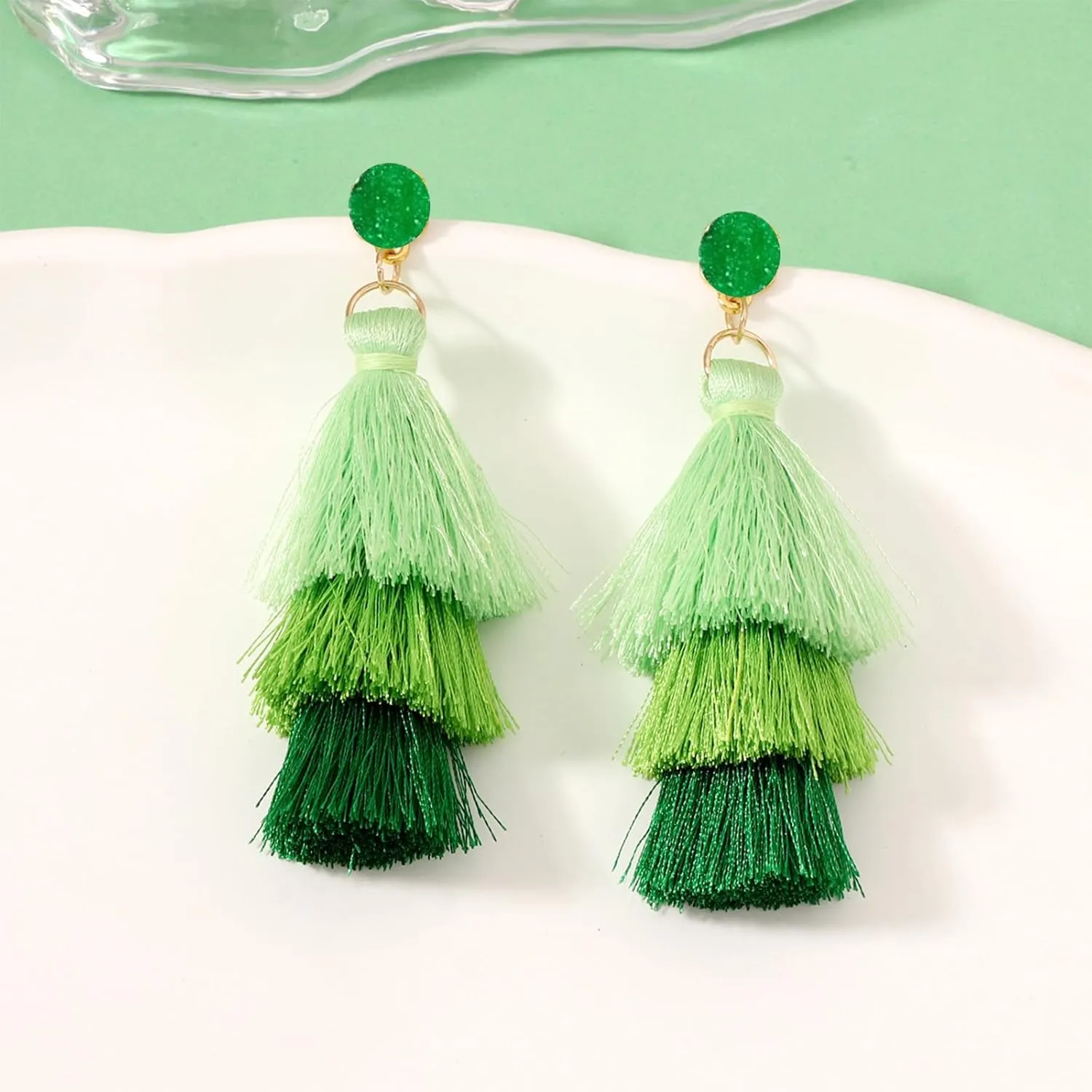 Christmas Tassel Earrings for Women Xmas Elegant Handmade Bohemian Long Tassel Three Layered Tree Shaped with Beads Lightweight Stud Earrings Thanksgiving Holiday Jewelry