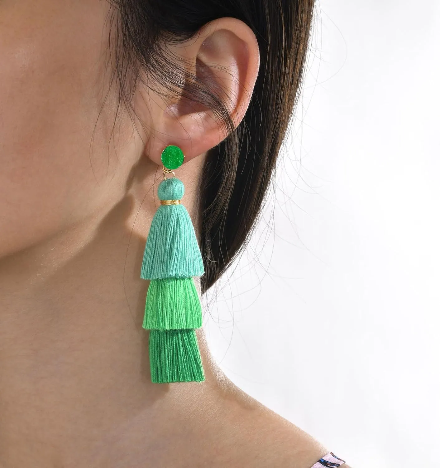 Christmas Tassel Earrings for Women Xmas Elegant Handmade Bohemian Long Tassel Three Layered Tree Shaped with Beads Lightweight Stud Earrings Thanksgiving Holiday Jewelry